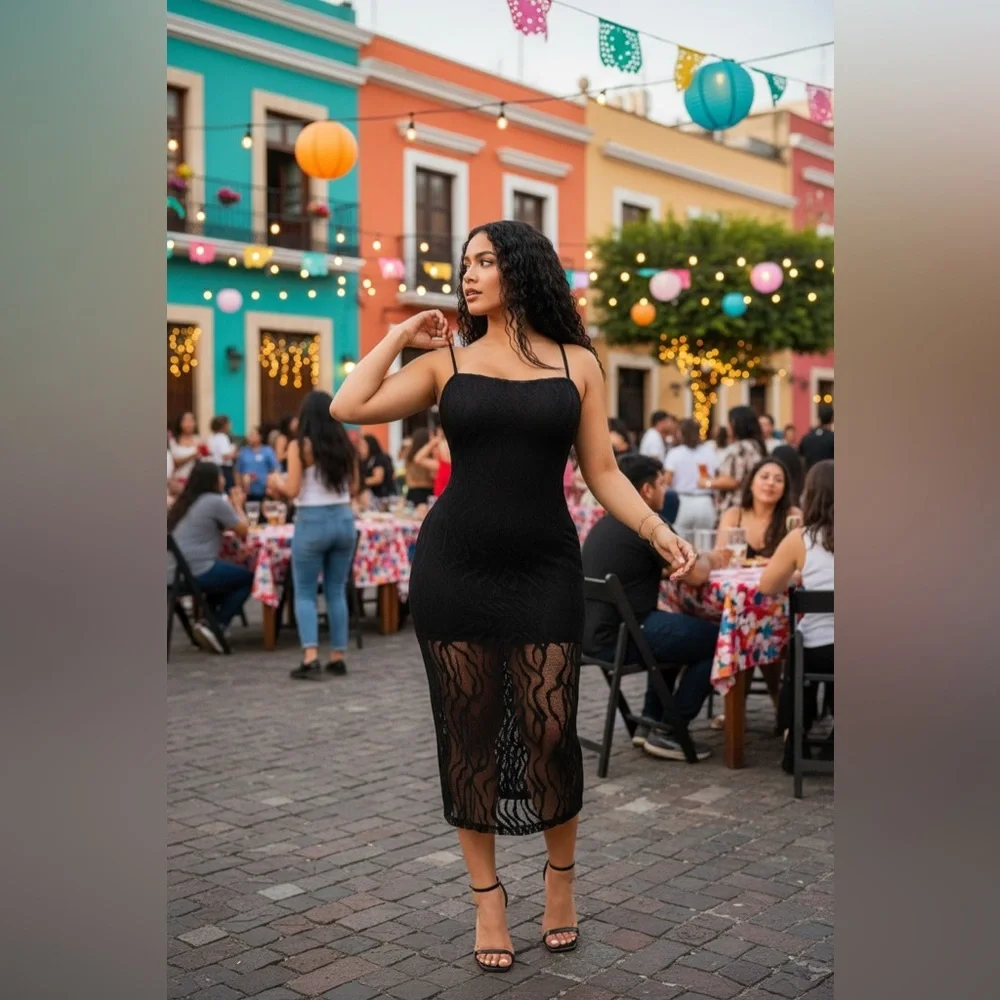 Elegant Black Sheer Midi Dress - Picture 4 of 7